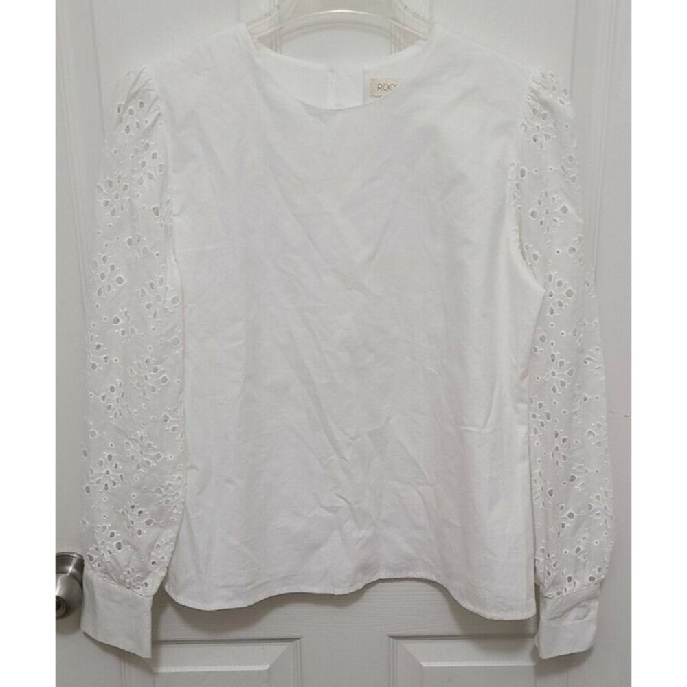 Roolee Women's Open Eyelet Knit‎ Long Sleeve Blouse Top 100% Cotton White Size M
